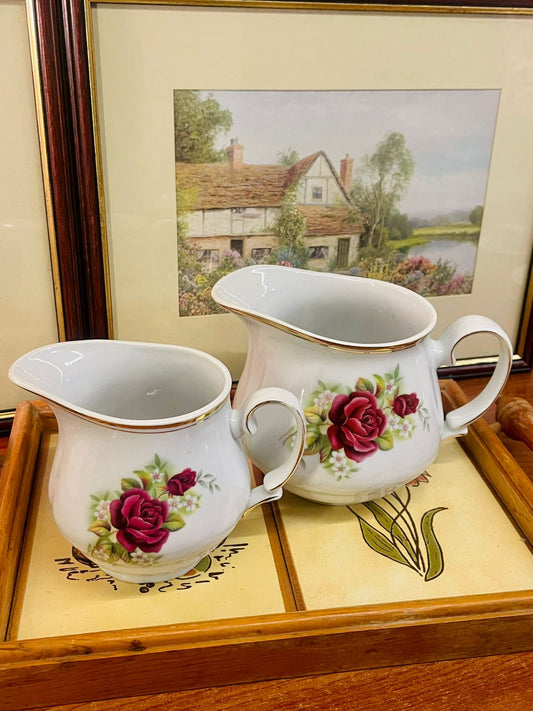 Vintage pitcher, Rose jug, Floral jug, Cottagecore decor, Ceramic pitcher, Shabby chic decor, Kitchen styling, Cottage jug, Gold trim jug, Vintage floral container, Table decor, Home decor accessories, Ceramic rose jug, Flower  pitcher, Decorative jug set