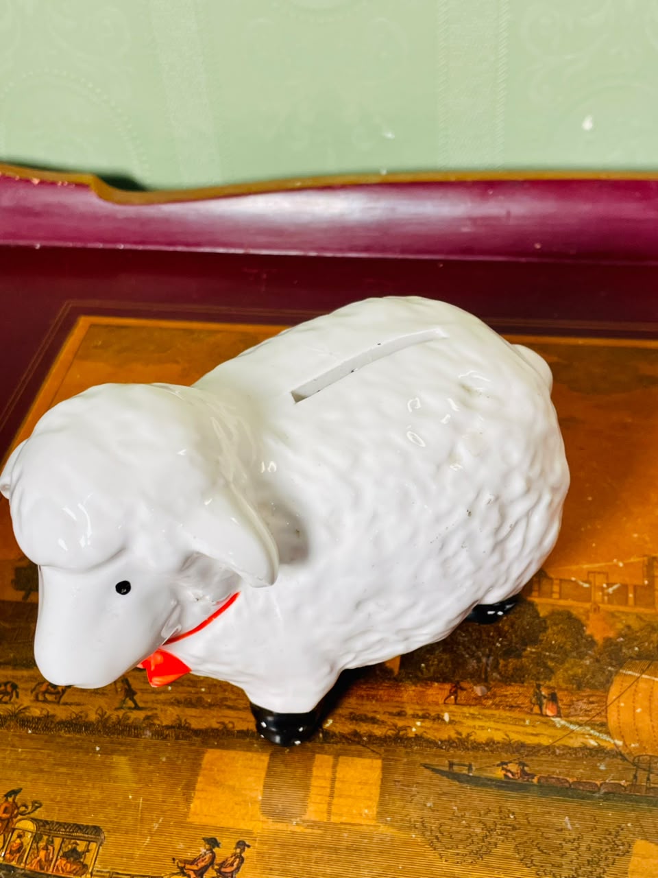 Vintage White Sheep Coin Bank Figurine – 4 Inch