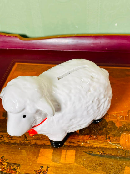 Vintage White Sheep Coin Bank Figurine – 4 Inch