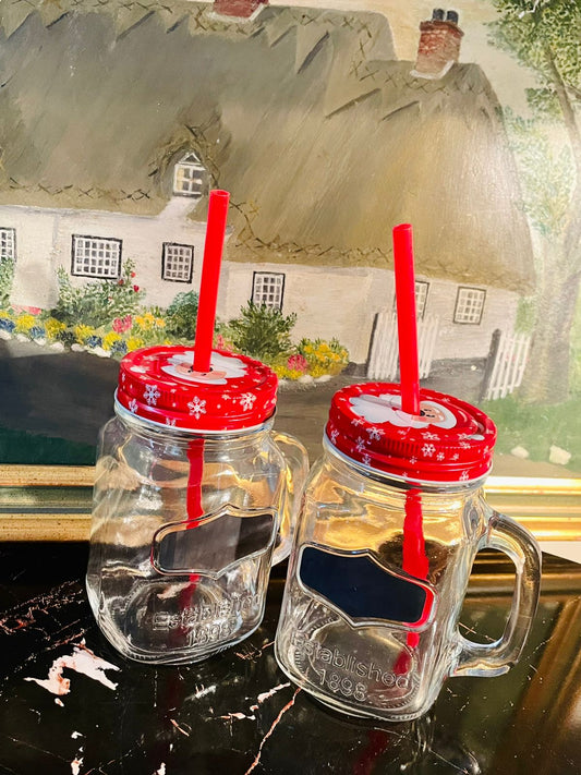 Set of 2 - Christmas Mason Jar Mugs with Lids & Straws