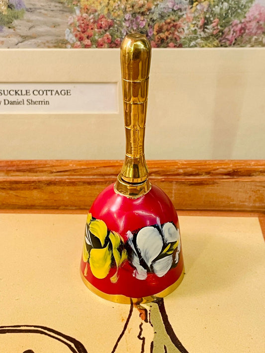 Vintage Table Bell, Brass Decor, Hand Painted Bell, Floral Desk Bell, Farmhouse Decor Accent, Collectible Bell, Red Floral Bell, Cottagecore Home Decor, Small Decorative Bell