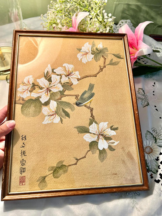 Vintage traditional Chinese Bird-and-Flower painting (Huaniao-hua Framed Botanical  14"inch