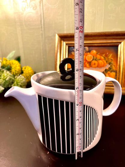 Black & White Striped Ceramic Teapot – 6 Inch