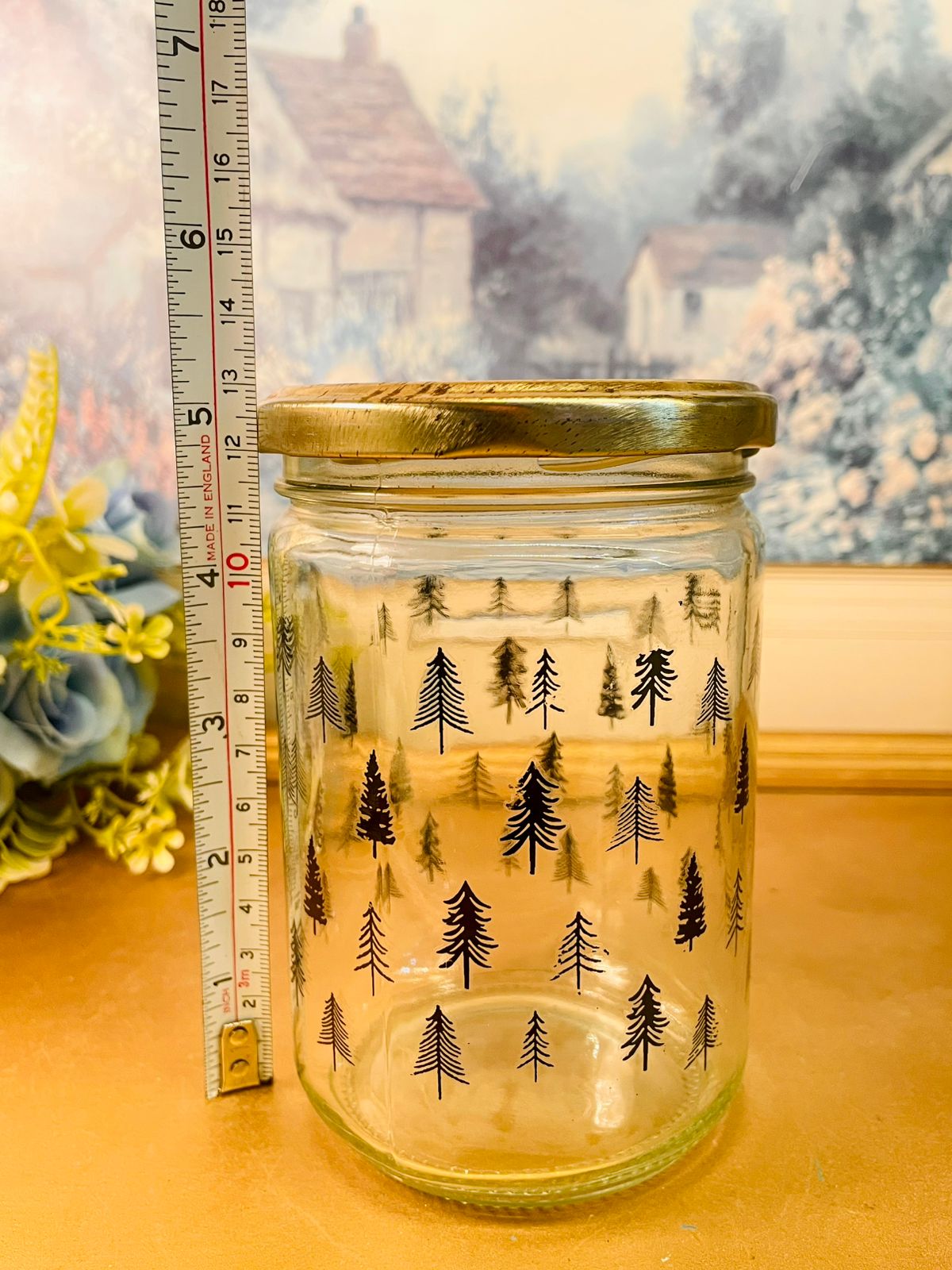 Tree Print Glass Storage Jar with Gold Lid Aesthetic Jar