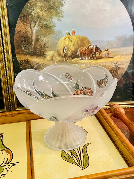 Vintage fruit bowl, frosted glass bowl, pedestal centerpiece, floral glass dish, decorative serving bowl, table décor Pakistan, dining table centerpiece, home décor bowl, collectible glassware, gift item décor, pastel floral bowl, vintage kitchen décor