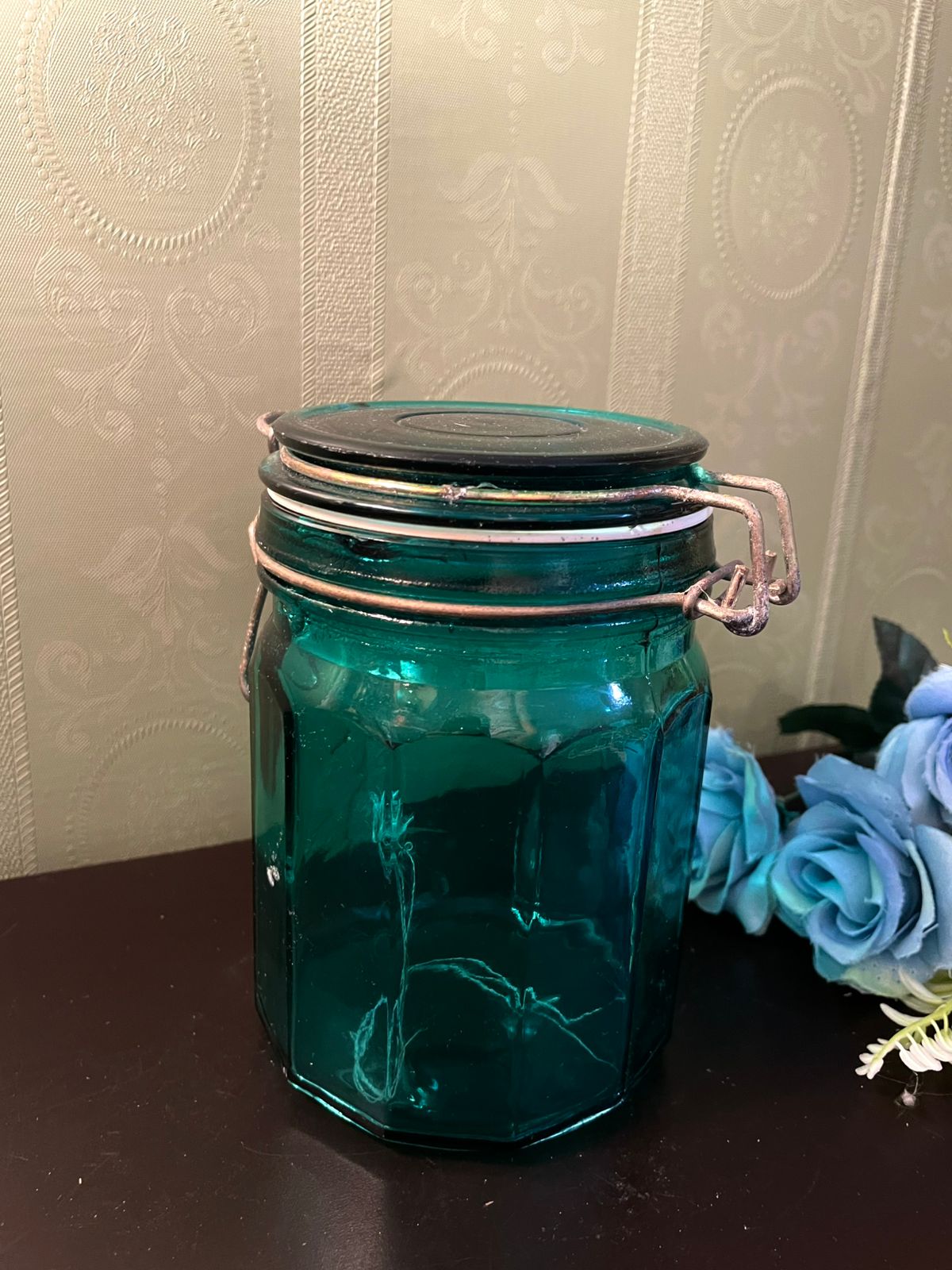 Vintage Teal Glass Clip Top Storage Jar 6 Inch