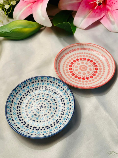 Osaka hand painted Set of 2 Patterned Bone China Bowls – Blue & Coral 4 in