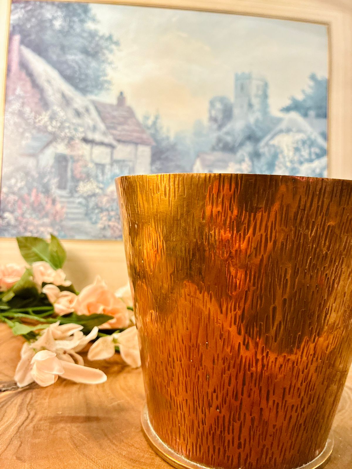 Vintage Brass Cachepot Planter with Woodgrain Finish