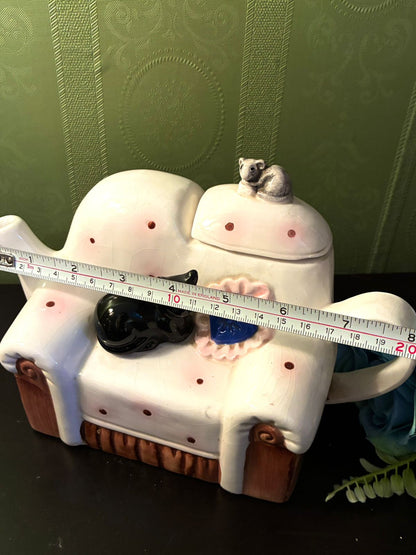 Vintage Cat Sofa Teapot Ceramic Whimsical Animal Tea Pot