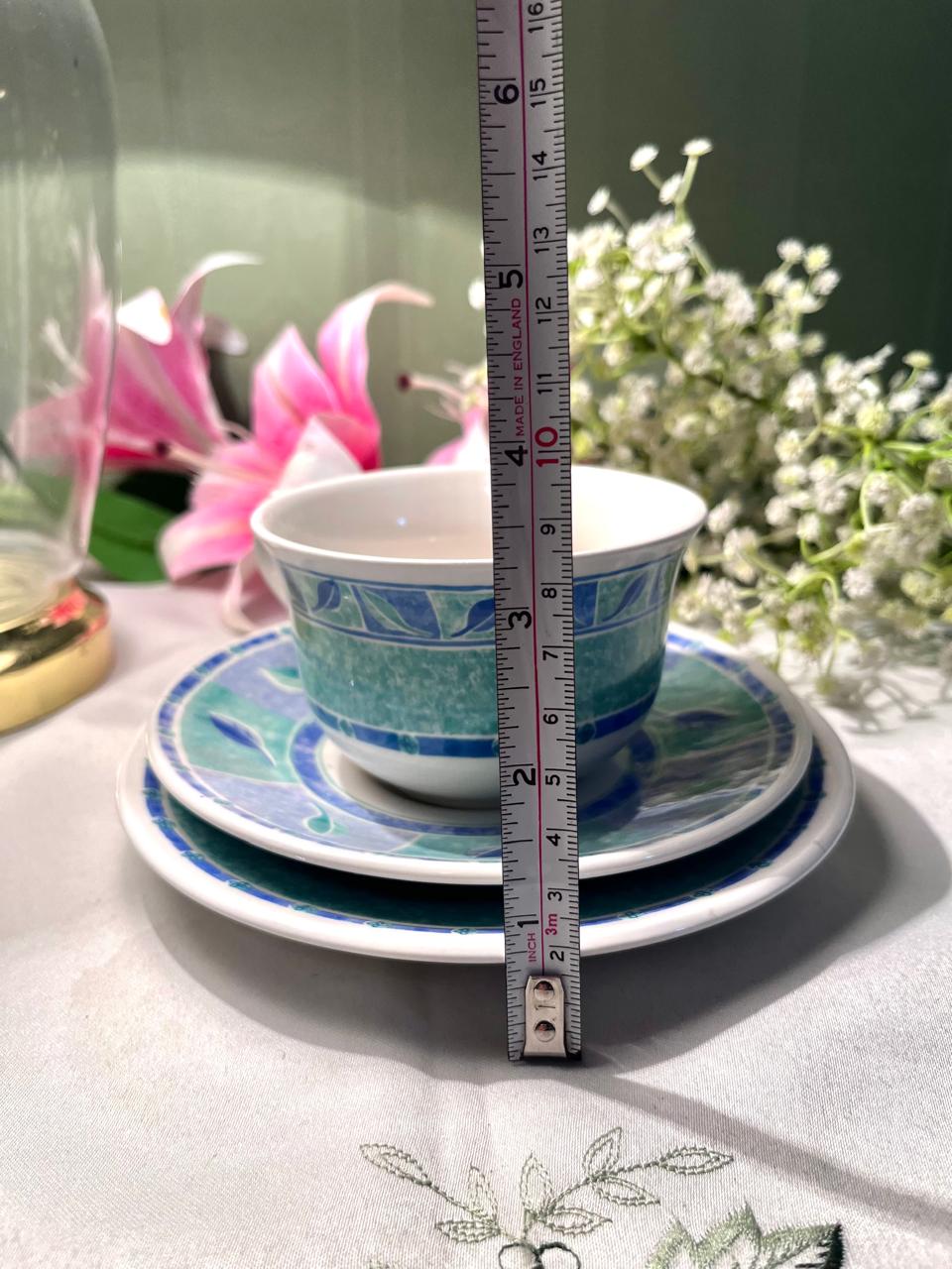 Blue & Green Geometric Cup, Saucer & Plate Set – 3 Pieces
