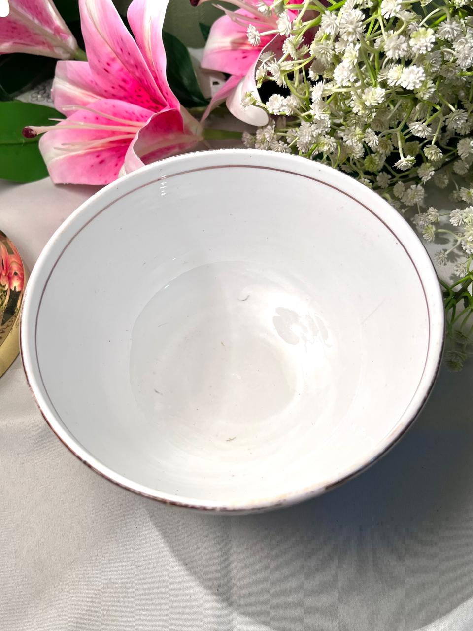Vintage White Ceramic Serving Bowl Brown Floral Design 6 Inch