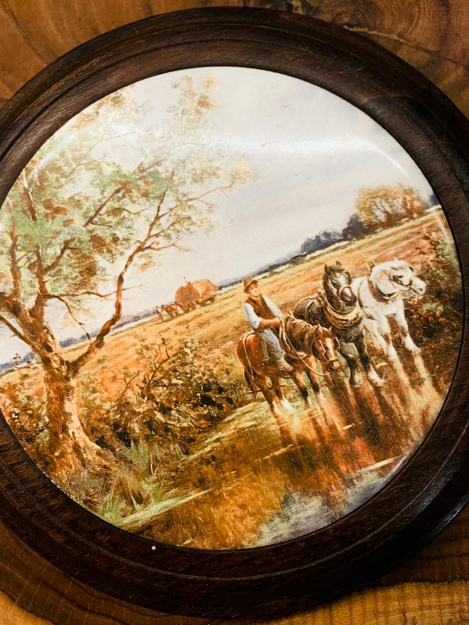 Vintage Round Equestrian Wall Plaque in Chestnut Frame