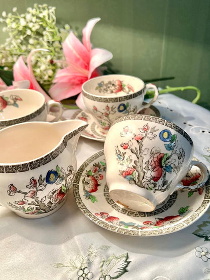 Indian Tree Johnson bros Floral Tea Set Black Border 7 Piece