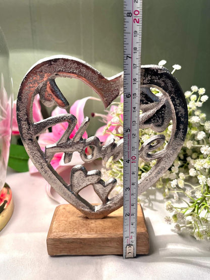 Silver-Tone Heart Home Decor on Wood Base 6.5 Inch