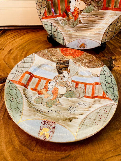 Vintage Oriental Hand Painted Plates Set Japanese Style Pair