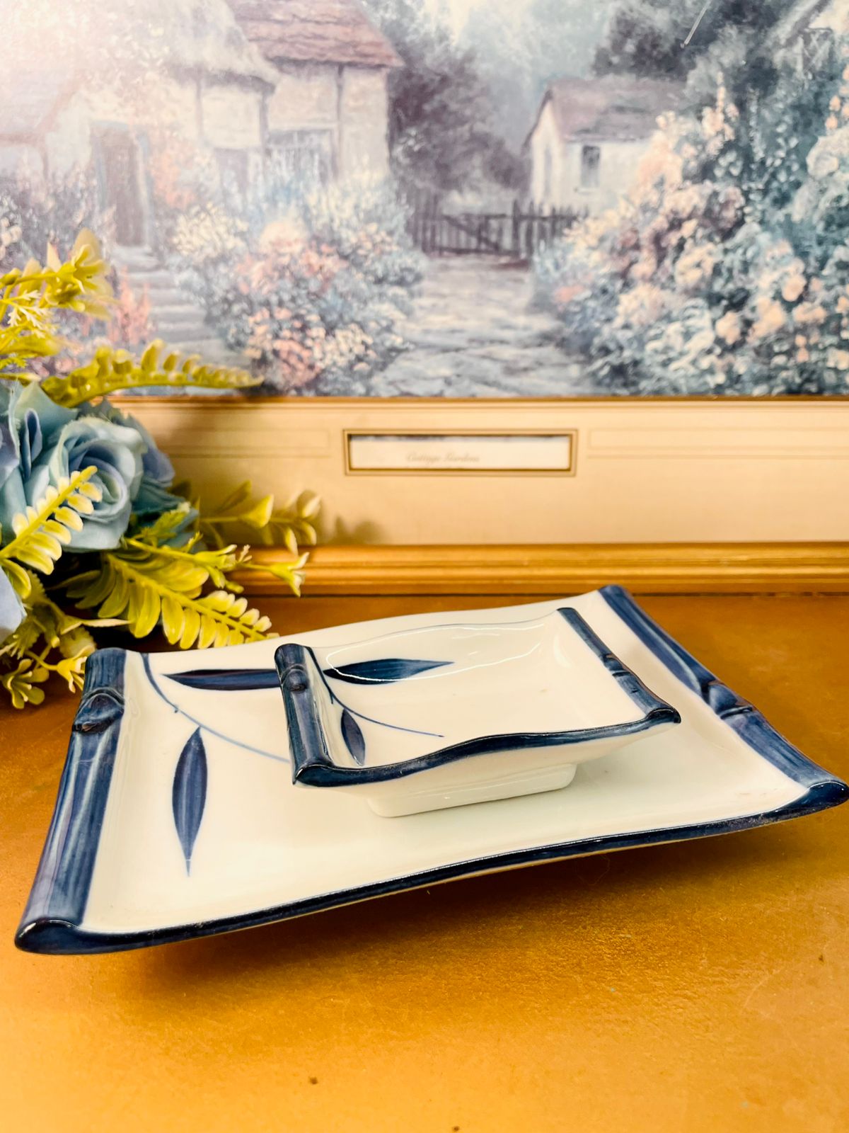Vintage Blue & White Ceramic Serving Tray Set