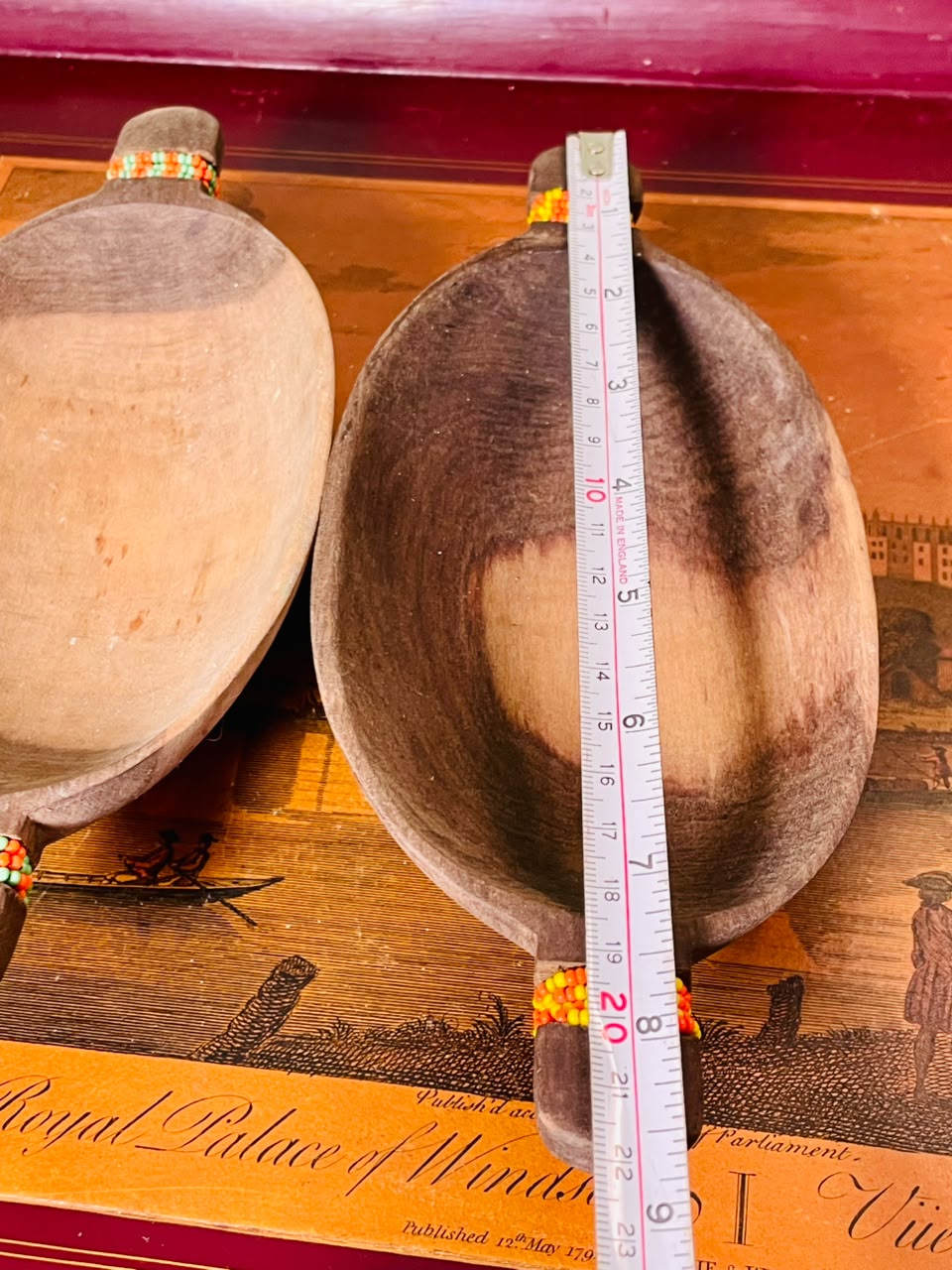 Pair of Rustic Wooden Serving Bowls with Beaded Handles – 8 Inch