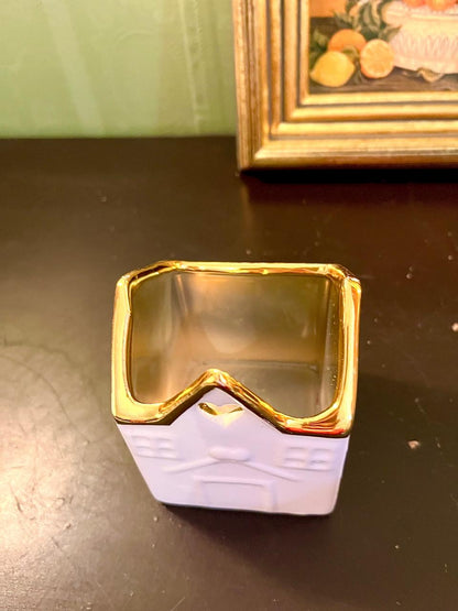 White Ceramic House Tealight Holder with Gold Trim – 4 Inch