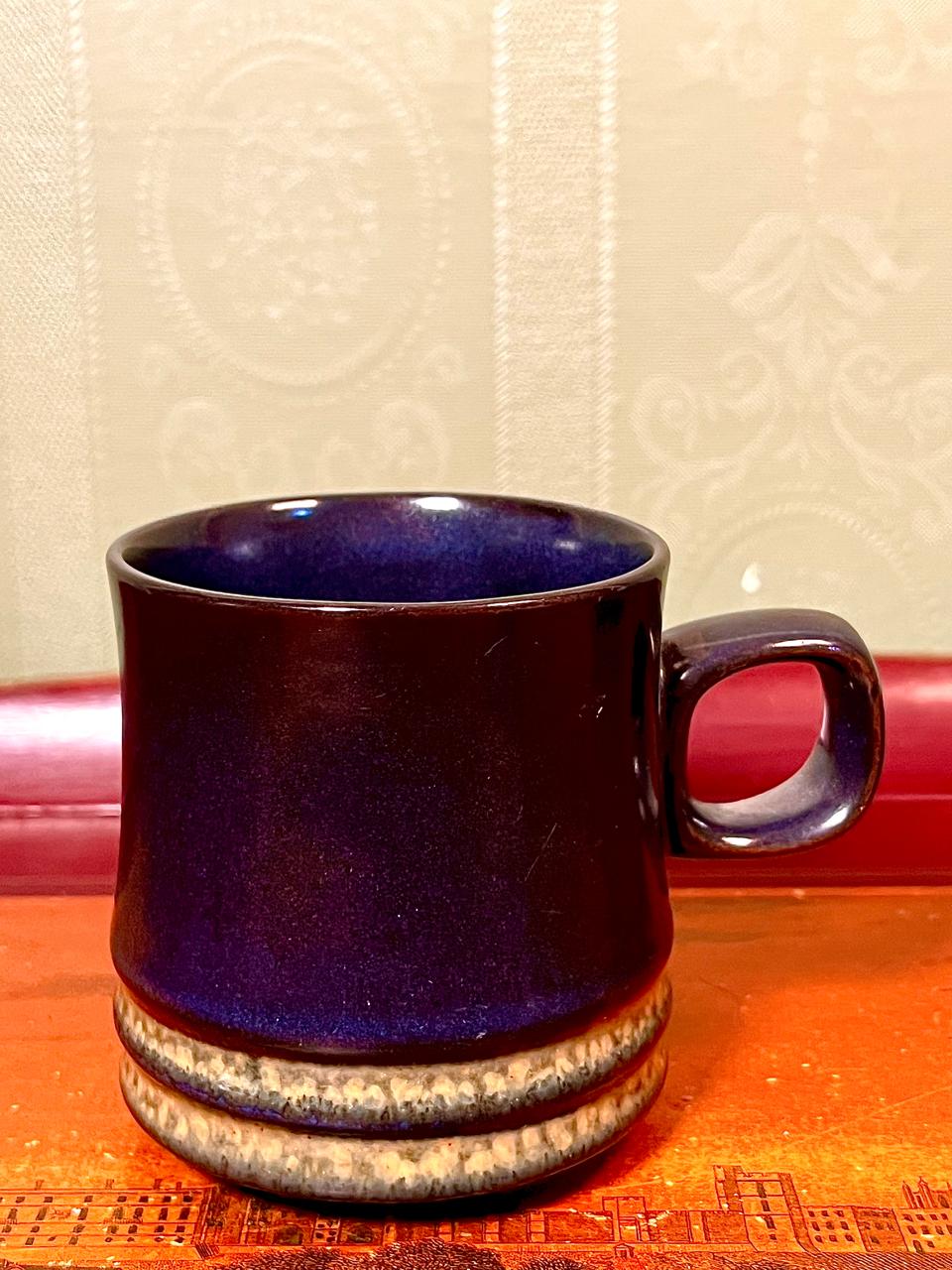 Vintage Deep Blue Ceramic Mug with Textured Bands – 3.5"