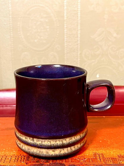 Vintage Deep Blue Ceramic Mug with Textured Bands – 3.5"