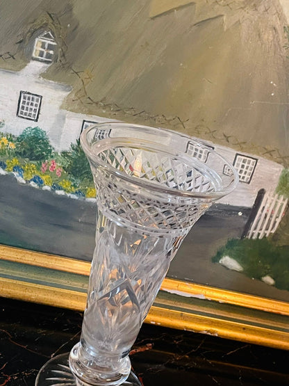 Vintage Cut Crystal Trumpet Vase – Star & Cross Lattice Design – Pedestal Base