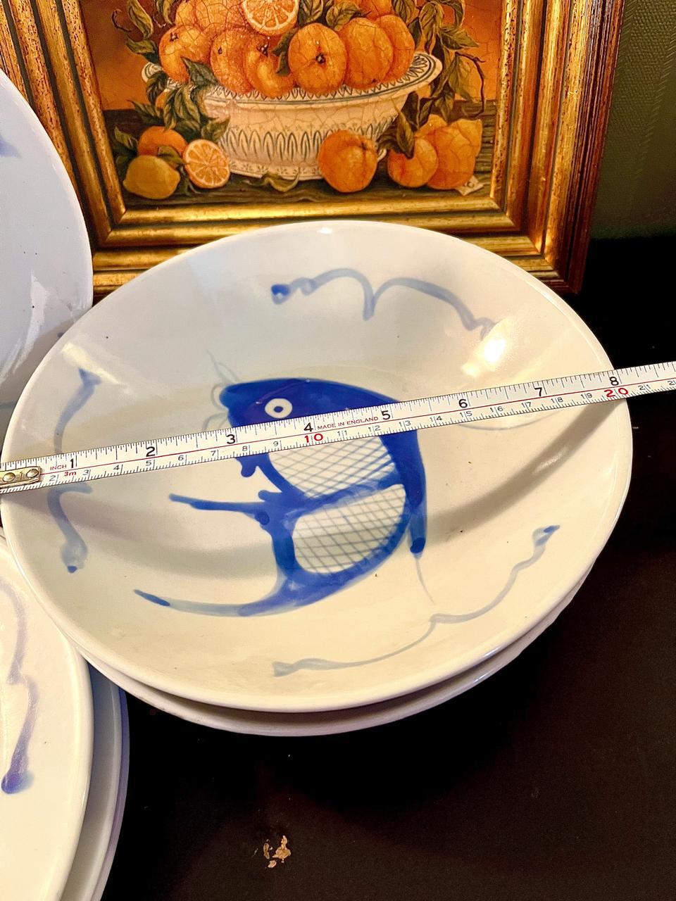 Vintage Blue Fish Porcelain , 4 medium plates ,2Pasta Bowl Set – 6 Pieces