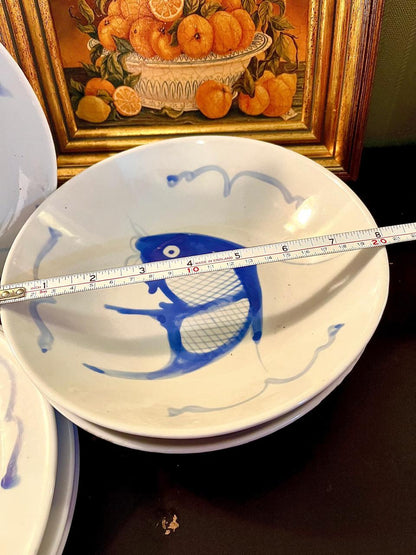 Vintage Blue Fish Porcelain , 4 medium plates ,2Pasta Bowl Set – 6 Pieces