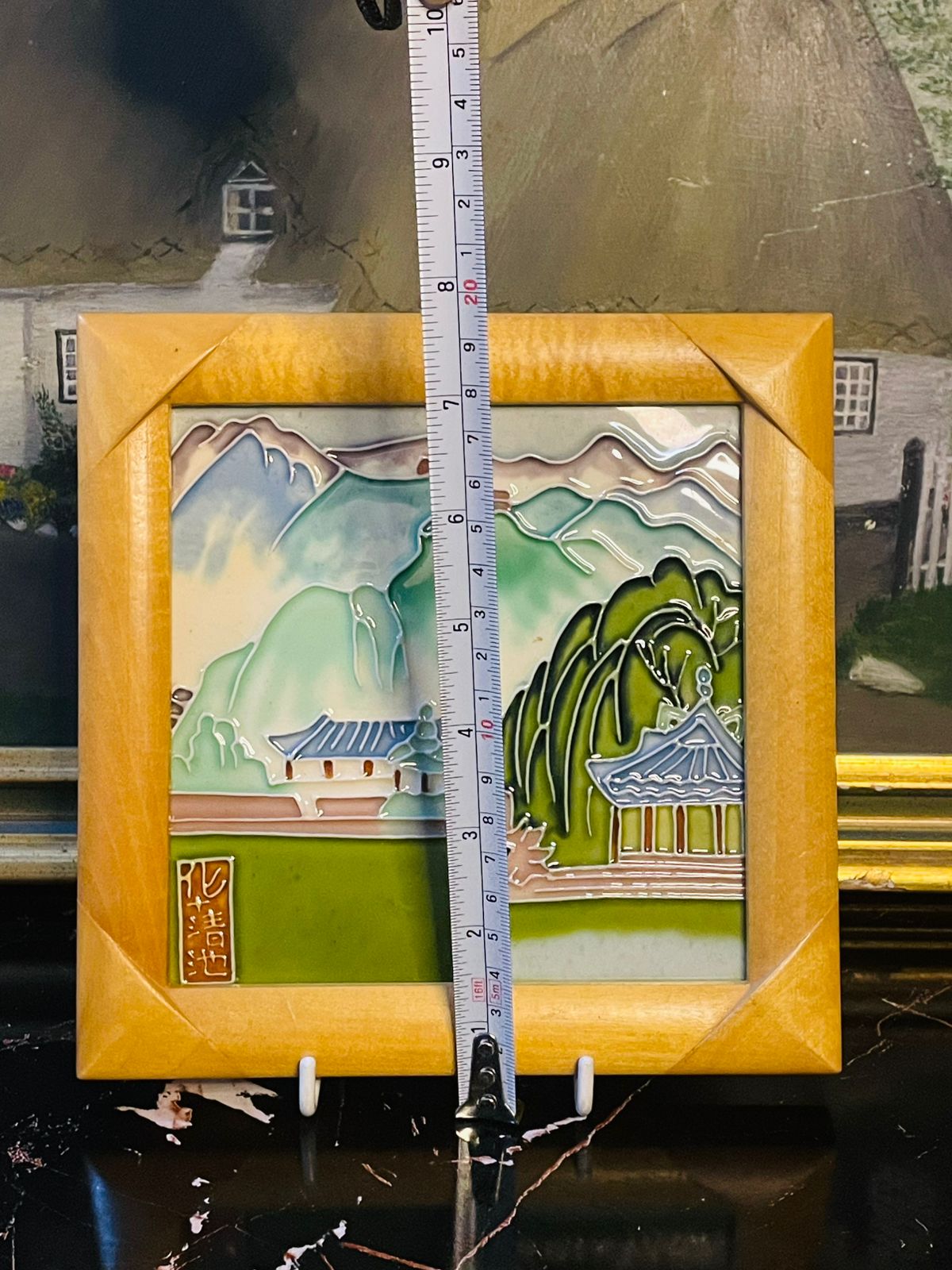 Vintage HACT Chinese Hand-Painted Porcelain Tile – Temple Frame Collectible Wall Art in Pakistan