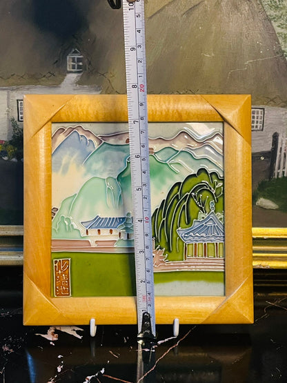 Vintage HACT Chinese Hand-Painted Porcelain Tile – Temple Frame Collectible Wall Art in Pakistan