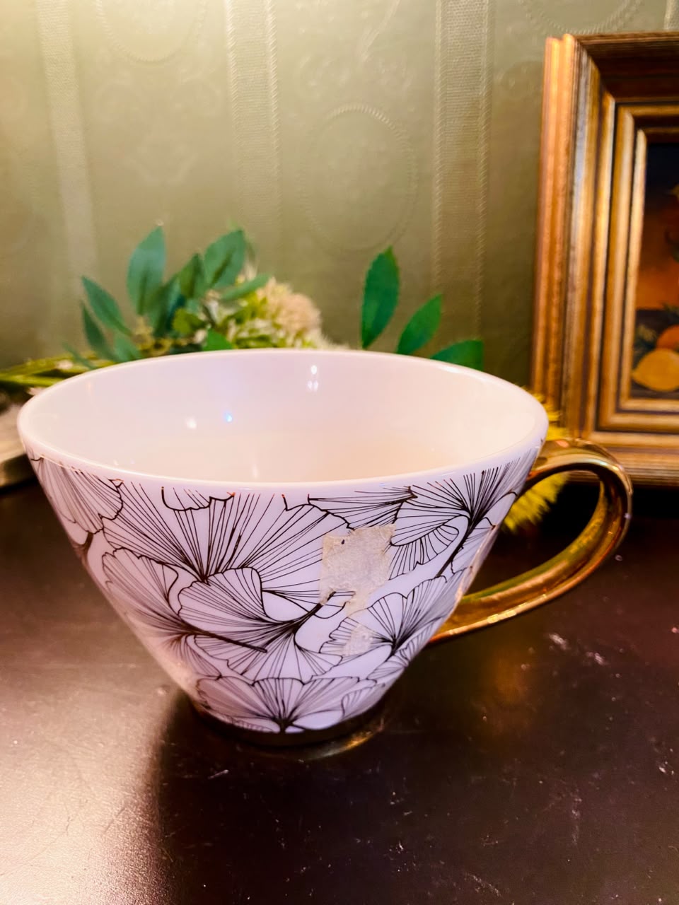 Elegant Floral Ceramic Teacup 5 Inch with Gold Handle