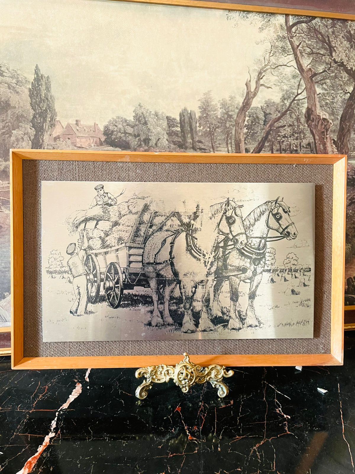 Vintage Horse & Cart Engraved Metal Art – Framed Farm Scene (England)