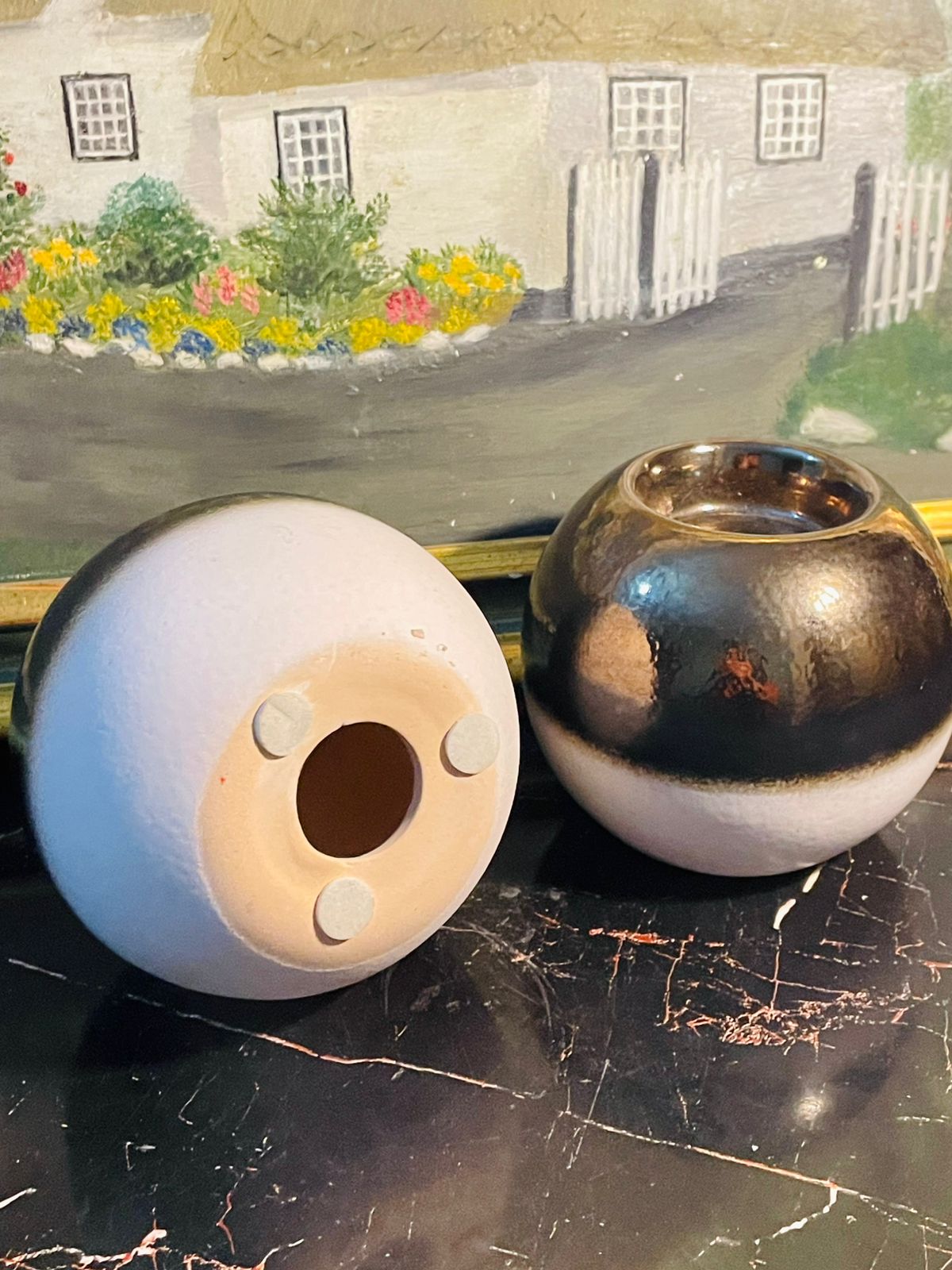 Pair of Modern Black & White Round Ceramic Candle Holders — Minimalist Design