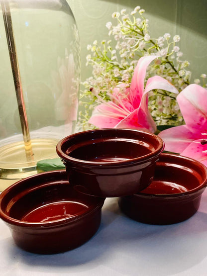 Set of 3 Brown Glazed Stoneware Ramekin Bowls – Approx. 10 cm