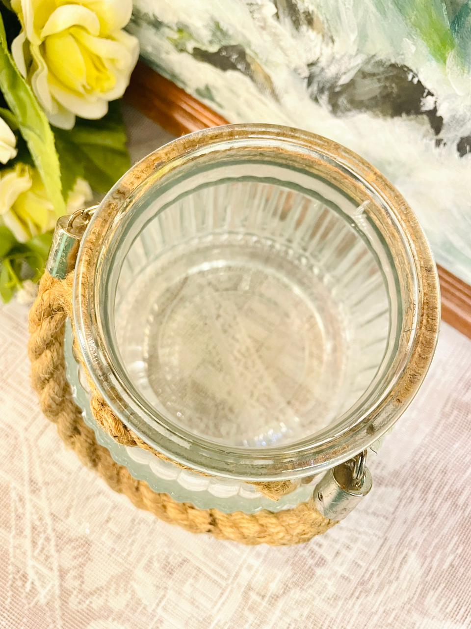 Ribbed Glass Lantern With Rope Handle