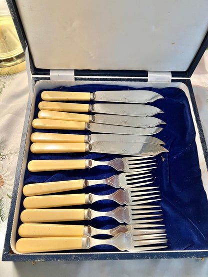Vintage Silver Cream Handle Fish Knife & Fork Cutlery Set – 12 Pcs