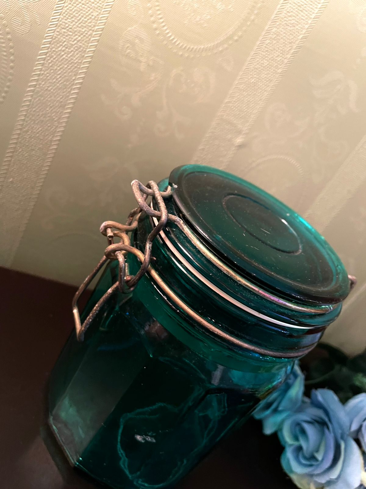 Vintage Teal Glass Clip Top Storage Jar 6 Inch