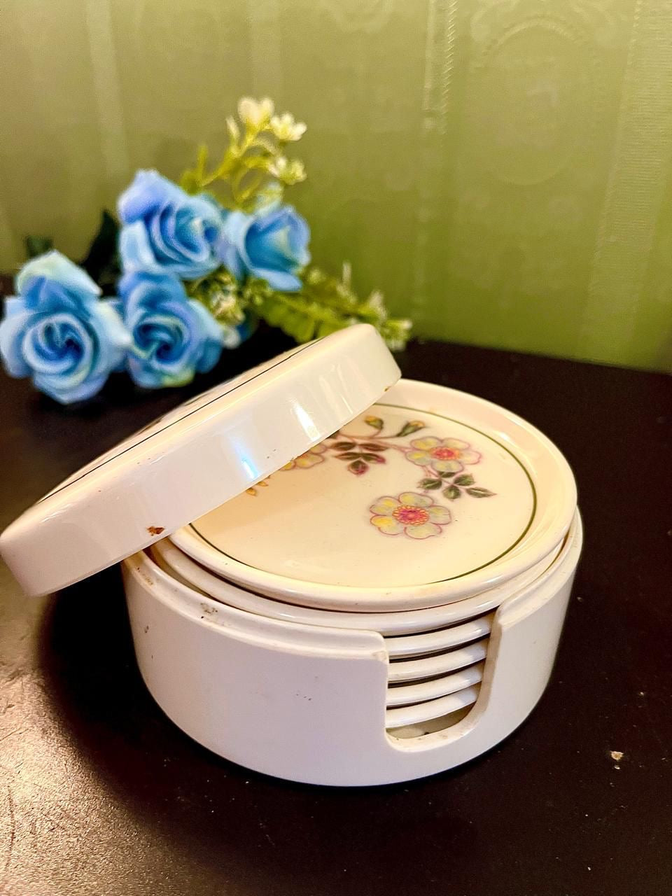 Vintage Floral Coaster Set with Holder 5 Inch