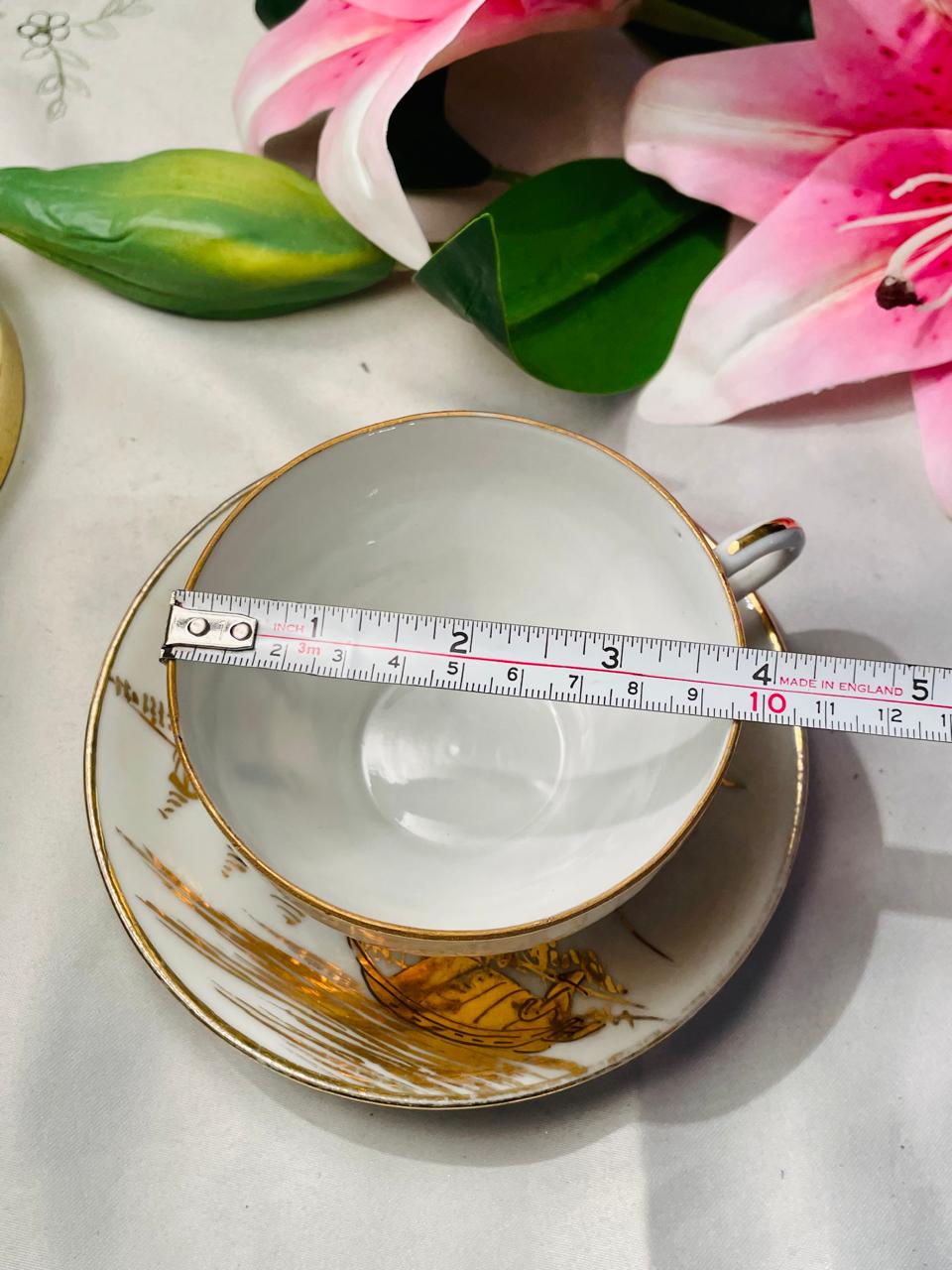 Vintage Hong Kong Porcelain Cup & Saucer with Gilt Oriental Scene