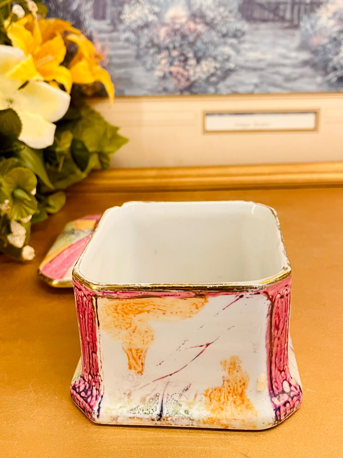 Vintage Hand Painted Ceramic Trinket Box Square Lidded Keepsake Box