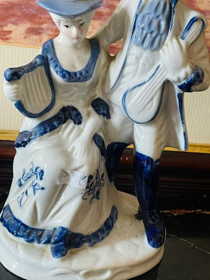 Victorian Porcelain Couple Figurine Holding Musical Instruments (England) Blue Pottery Home Decor