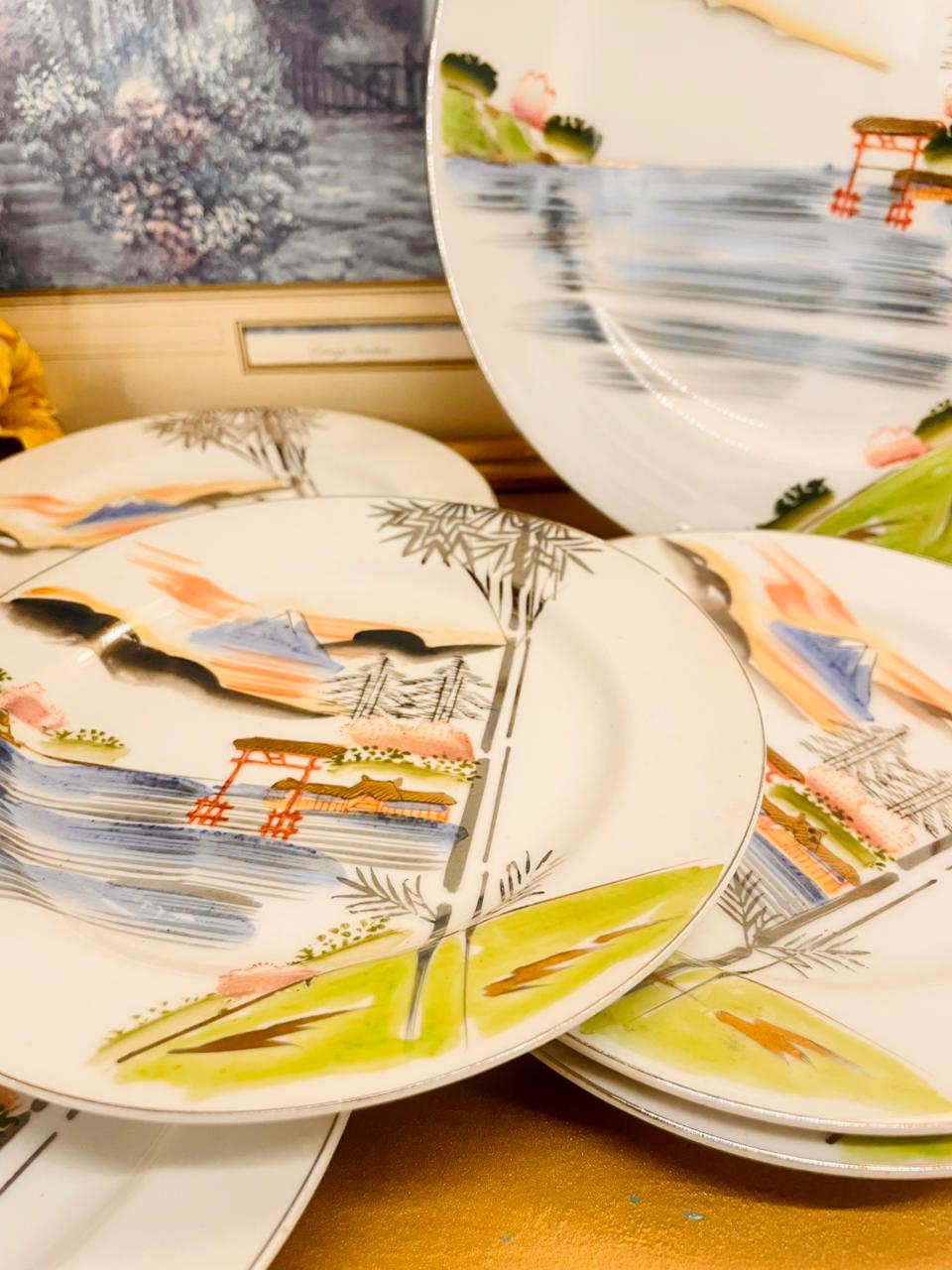 Set of 6 Vintage Japanese Landscape Cake Plate Set Hand Painted