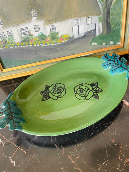 Handcrafted Green Ceramic Platter with Floral and Leaf Motif – Mid-Century Modern Style Serving Dish