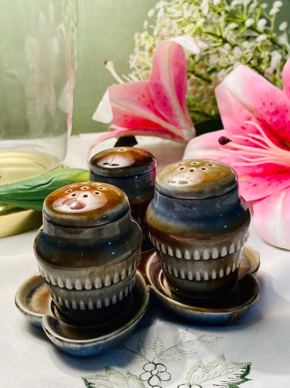 Vintage Ceramic Condiment Shaker Set with Saucers Brown Glaze