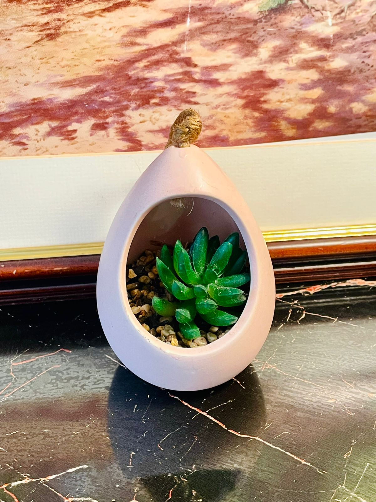 Pink Hanging Ceramic Planter with Artificial Succulent – Decorative Hanging Pot with Rope