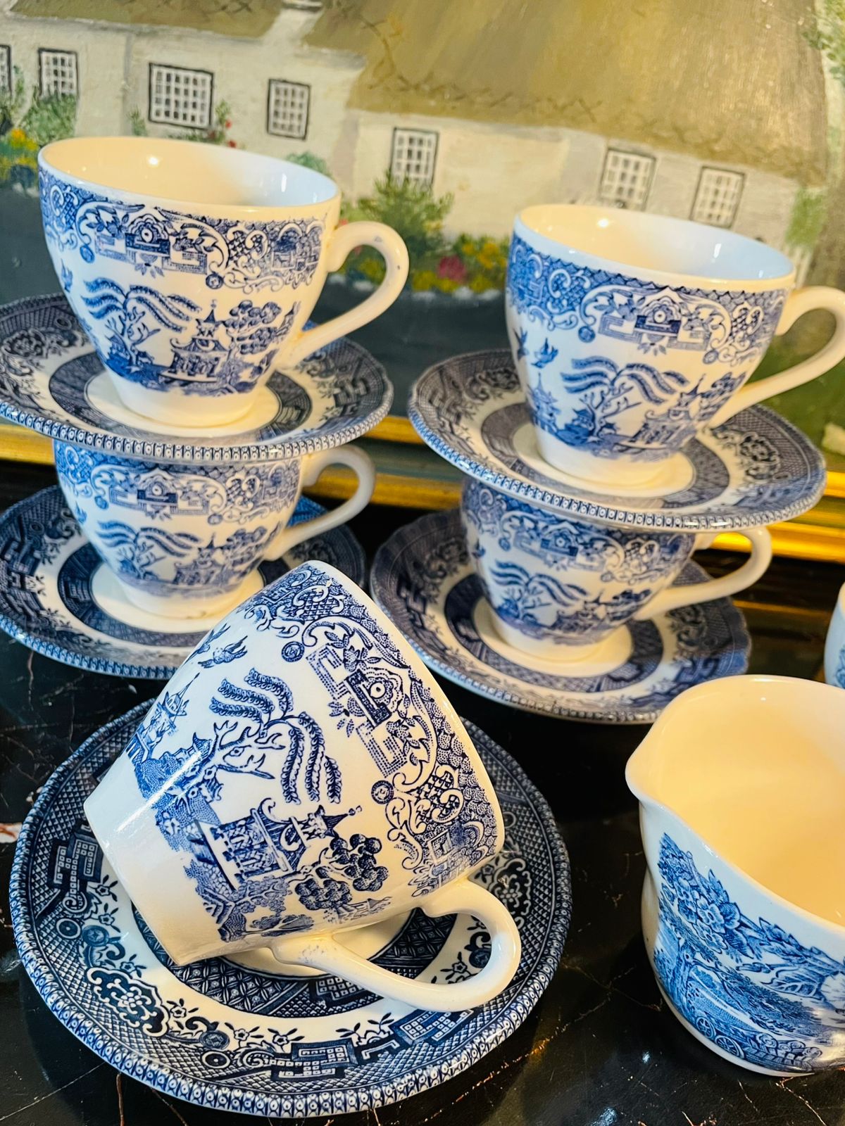 Blue Willow England Blue & White Tea Set – 5 Cups, 5 Saucers – Made in England