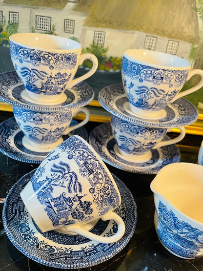 Blue Willow England Blue & White Tea Set – 5 Cups, 5 Saucers – Made in England