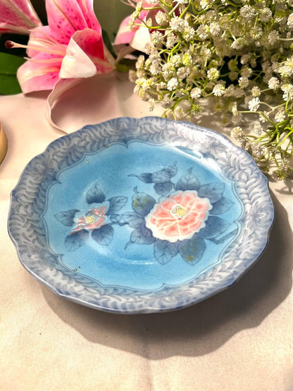 Blue Floral Porcelain Bowl with Pink Raised Flowers – 16 cm