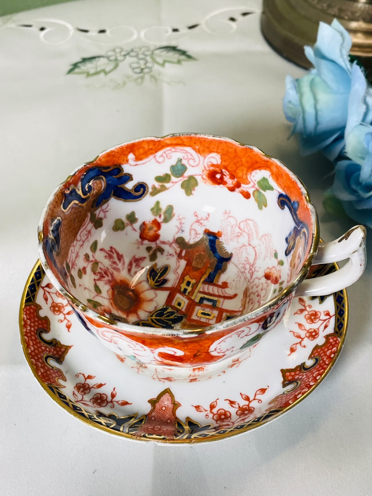 Vintage Imari Style Cup & Saucer Set Red Blue Gold 2-Piece
