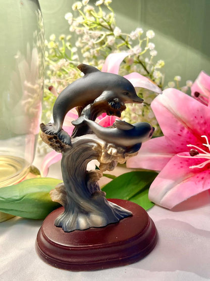 Decorative Dolphin Pair Figurine on Ocean Wave Base – Approx. 13 cm