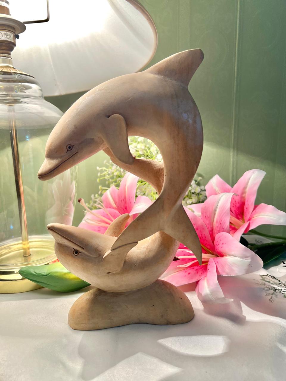 Vintage Carved Wooden Dolphin Sculpture – Pair on Base 24 cm